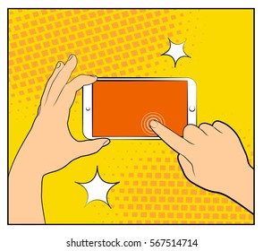 Comic phone with halftone shadows. Hand holding smartphone. Pop art retro style. Flat design. Vector illustration eps 10.