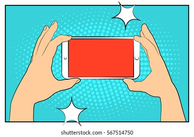 Comic phone with halftone shadows. Hand holding smartphone. Pop art retro style. Flat design. Vector illustration eps 10.