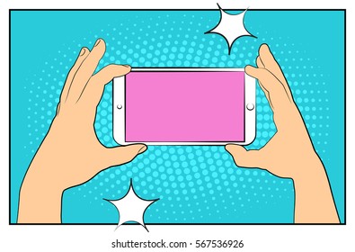 Comic phone with halftone shadows. Hand holding smartphone. Pop art retro style. Flat design. Vector illustration eps 10.