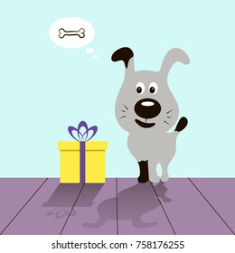 Comic picture of a funny dog with a gift. Cartoon style. Vector illustration