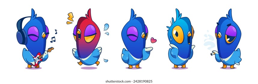 Comic pigeon bird characters set isolated on white background. Vector cartoon illustration of cute dove with playing guitar in earphones, singing, air kissing, scared, smoking cigarette, funny mascots