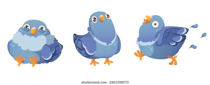 Comic pigeon characters set isolated on white background. Vector cartoon illustration of cute sleepy dove sitting, standing, running, scared big eyes, feather flying in air, funny mascots design