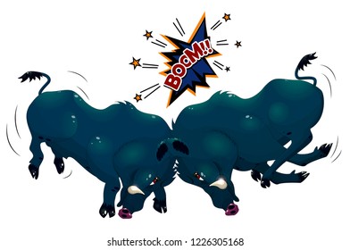 Comic pigs. Boars have hit foreheads. Symbol of year 2019. Animation rams hit foreheads 