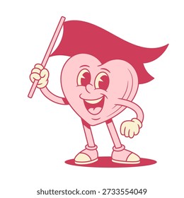 Comic cor-de-rosa coração desenho animado personagem grande agitação bandeira contornada vetor ilustração plana. Sorrindo alegre como o amor Dia de São Valentim mascote minimalista honra aviso símbolo de atenção