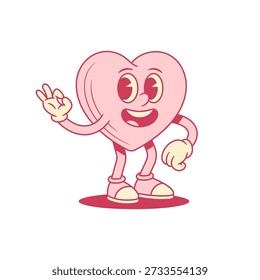 Personagem de desenho animado de coração rosa cômico, gesto de ilustração plana de vetor contornado. Funky sorrindo como o amor Saint Valentine's Day mascote minimalista levou bom recomendar gestos aprovados