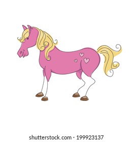 Comic pink horse. Vector illustration isolated on white background.