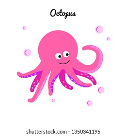 Comic pink octopus with bubbles water. Cartoon marine character girl. Ocean illustration Educational cards for kids