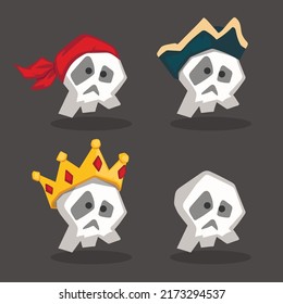 Comic pirate skull with hat and crown. Funny cartoon icons. Mobile casual game art. Isolated human dead head. Vector illustration