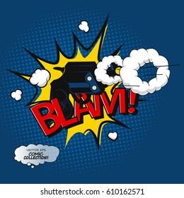 Comic Pistol shot print. Text sound effect. Revolver and smoke after a shot.