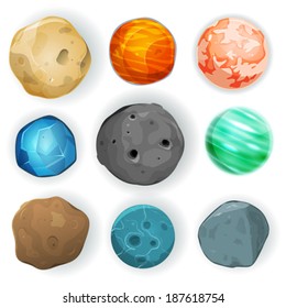 Comic Planets Set/ Illustration of a set of various planets, moons, asteroid and earth globes isolated on white for scifi backgrounds and space game ui