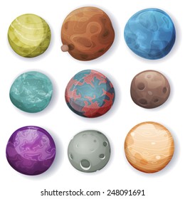 Comic Planets And Space Asteroids Set/ Illustration of a set of various comic planets, moons, asteroid and alien earth globes