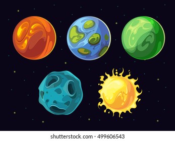 Comic planets and stars vector set for space computer game user interface. Gui universe and galaxy with cartoon planets world illustration