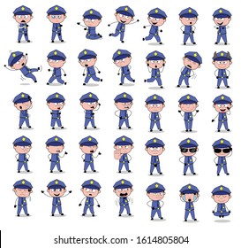 Comic Policeman Cop Character Poses - Set of Various Vector illustrations