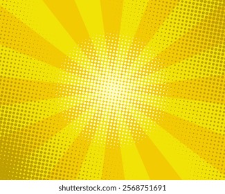 comic or pop art abstract yellow-orange background vector illustration with halftone dots pattern and rays of light.