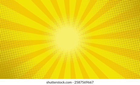 Comic or pop art abstract yellow-orange background vector illustration with halftone dots pattern and rays of light in 16 : 9 wide screen format.