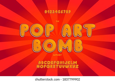 Plantilla de alfabeto de arte pop cómico. Diseño de alfabeto y numerales de color retro. Ilustración vectorial.