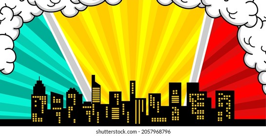 comic pop art background with big city  silhouette skyline cloud