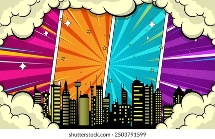 comic pop art background with big city silhouette skyline cloud