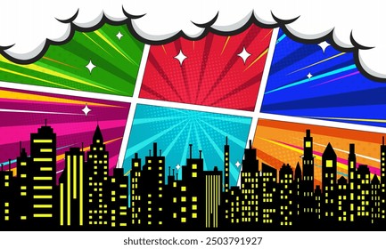 Fondo del arte pop del cómic con la nube del horizonte de la silueta de la gran ciudad