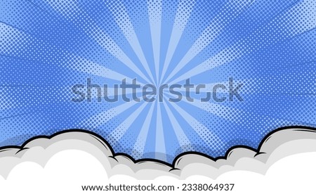 comic pop art background with cartoon cloud and sun rays on blue
