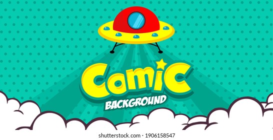 comic pop art background with cloud and starship space theme isolated on dotted background