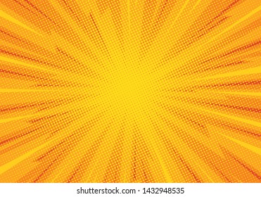 Comic pop art background lightning blast halftone dots. Cartoon vector illustration on orange