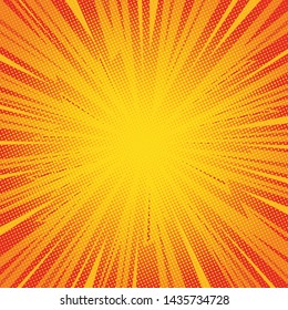 Comic pop art background lightning blast halftone dots. Cartoon vector illustration on red.