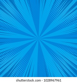 Comic Pop Art Background Speed Lines Halftone Dots. Cartoon Vector Illustration On Blue