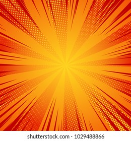 Comic pop art background speed lines halftone dots. Vector illustration on red background.