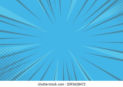 Comic pop art background speed lines halftone dots. Cartoon Vector Illustration on blue