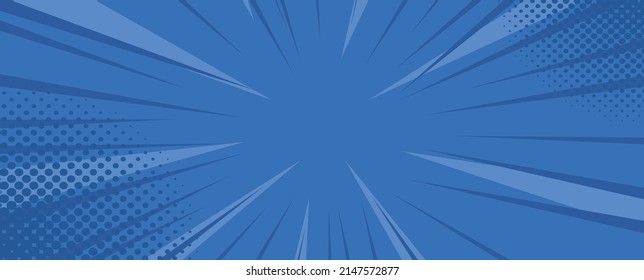Líneas de velocidad de fondo de arte pop de historieta de puntos de medio tono. Ilustración del vector de dibujos animados en azul