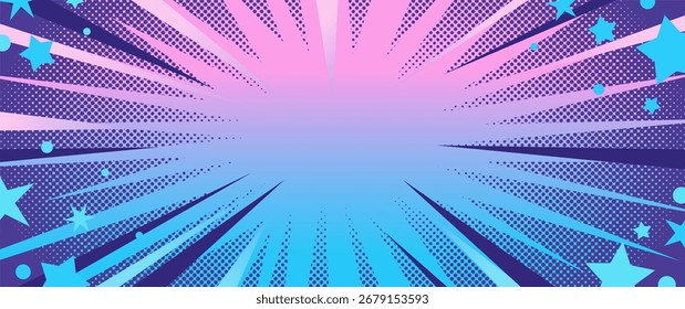 Fondo de arte pop cómico. Explosión radial de dibujos animados Starburst con efecto de diseño de anime. Estilo de patrón de puntos. Fondo colorido con degradado de semitono. Ilustración vectorial