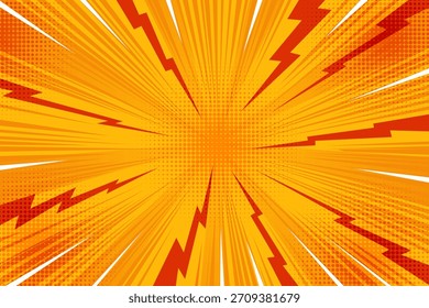 Comic pop art background with sunburst and lightnings. Vector radial pattern of abstract thunders and rays. Manga superhero poster with halftone effect.