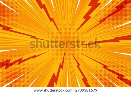 Comic pop art background with sunburst and lightnings. Vector radial pattern of abstract thunders and rays. Manga superhero poster with halftone effect.