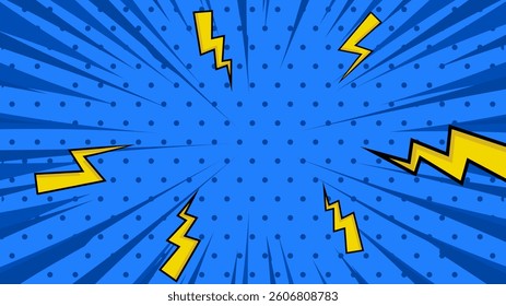 Comic pop art background. Vintage retro design. Blue dotted backdrop with halftone elements and lightning.