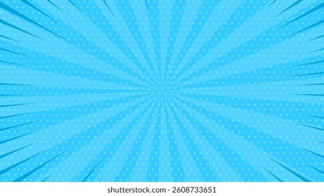 Comic pop art background. Vintage retro design. Blue radial backdrop with halftone elements.