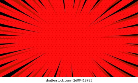 Comic pop art background. Vintage retro design. Red radial backdrop with halftone elements.