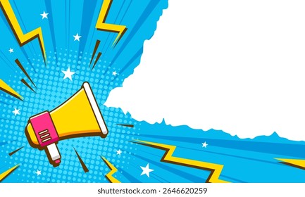Comic pop art blank announcement space with megaphone in blue background and torn paper effect