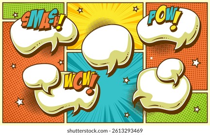 Comic pop art cartoon with blank speech bubble set and text expression art