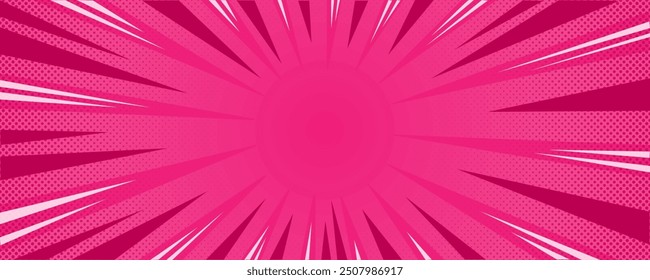 Comic pop art cartoon starburst pink background, dotted texture and explosion effect or sunburst, halftone gradient, fun and exciting anime template frame.