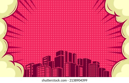 Nube de arte pop cómico con silueta de ciudad 
