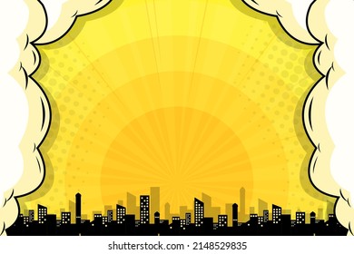 Comic pop art cloud with city silhouette	