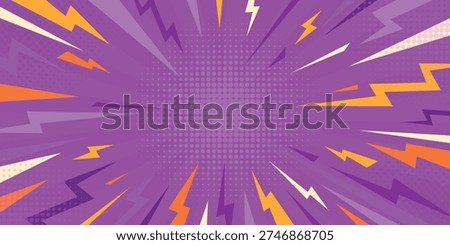 Comic pop art explosion background with thunder lightning. Anime superhero purple backdrop with yellow thunder flash.