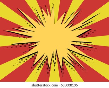 Comic pop art explosion, beams and isolated dots background. For sale banner,  halftone book design. Vector illustration of red background.