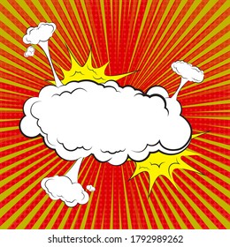Diseño del logotipo de las explosiones de arte pop cómico. Fondo rojo de la explosión del sol