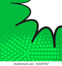 Comic pop art green background with halftone shadows and clouds beams. Vector mock-up of a typical comic book page. Illustration eps 10 template retro design.