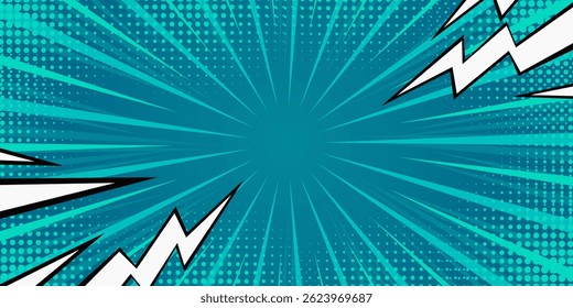 Comic Pop art light blue background with lightning flashes. Cute retro stripes pattern. Vector halftone illustration. For comic superhero text, speech bubble, message