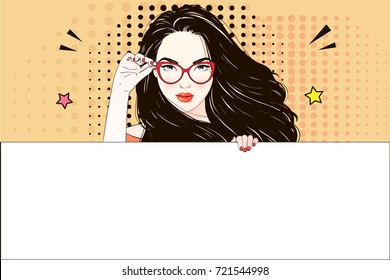 Comic Pop art long hair woman holds her glasses and white banner. Vector illustration.