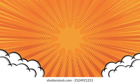 Comic Pop art orange background with clouds. Cute retro stripes pattern. Vector halftone illustration. For comic superhero text, speech bubble, message