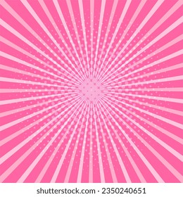 Comic pop art pink background with rays and halftone dots, vector illustration, retro artistic backdrop, beautiful design element